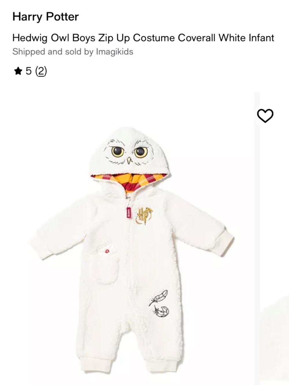 Harry Potter Hedwig Infant Hooded One-Piece Footie - White